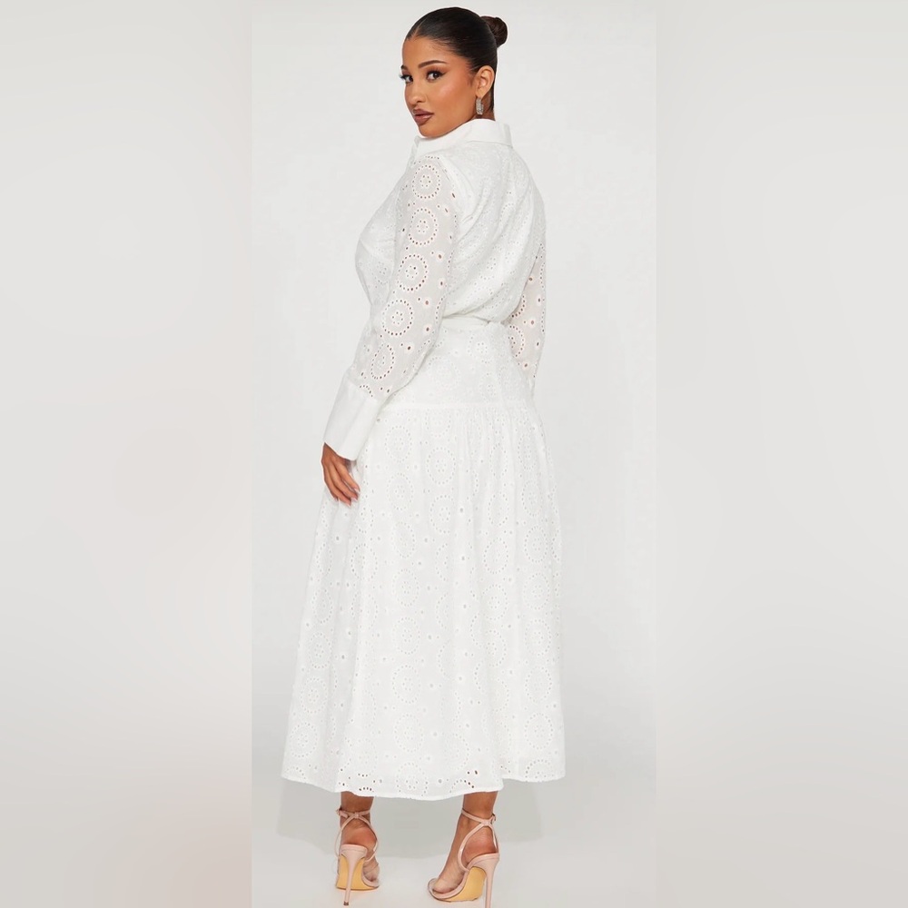 White Eyelet Button-Front Maxi Dress with Tie Waist - Picture 3 of 3